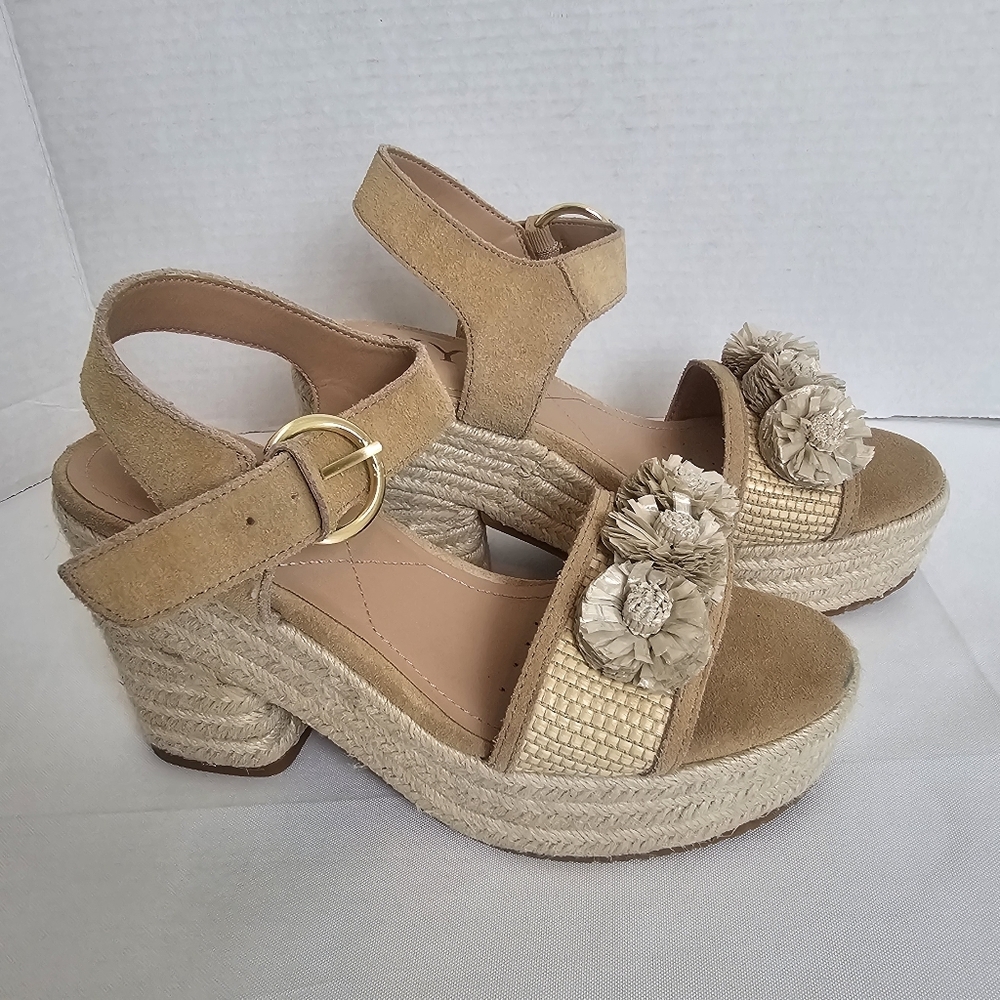 NYDJ Cream Espadrille Platform Sandals  with Floral Accents  Size 7 EUC $29. - Picture 2 of 11